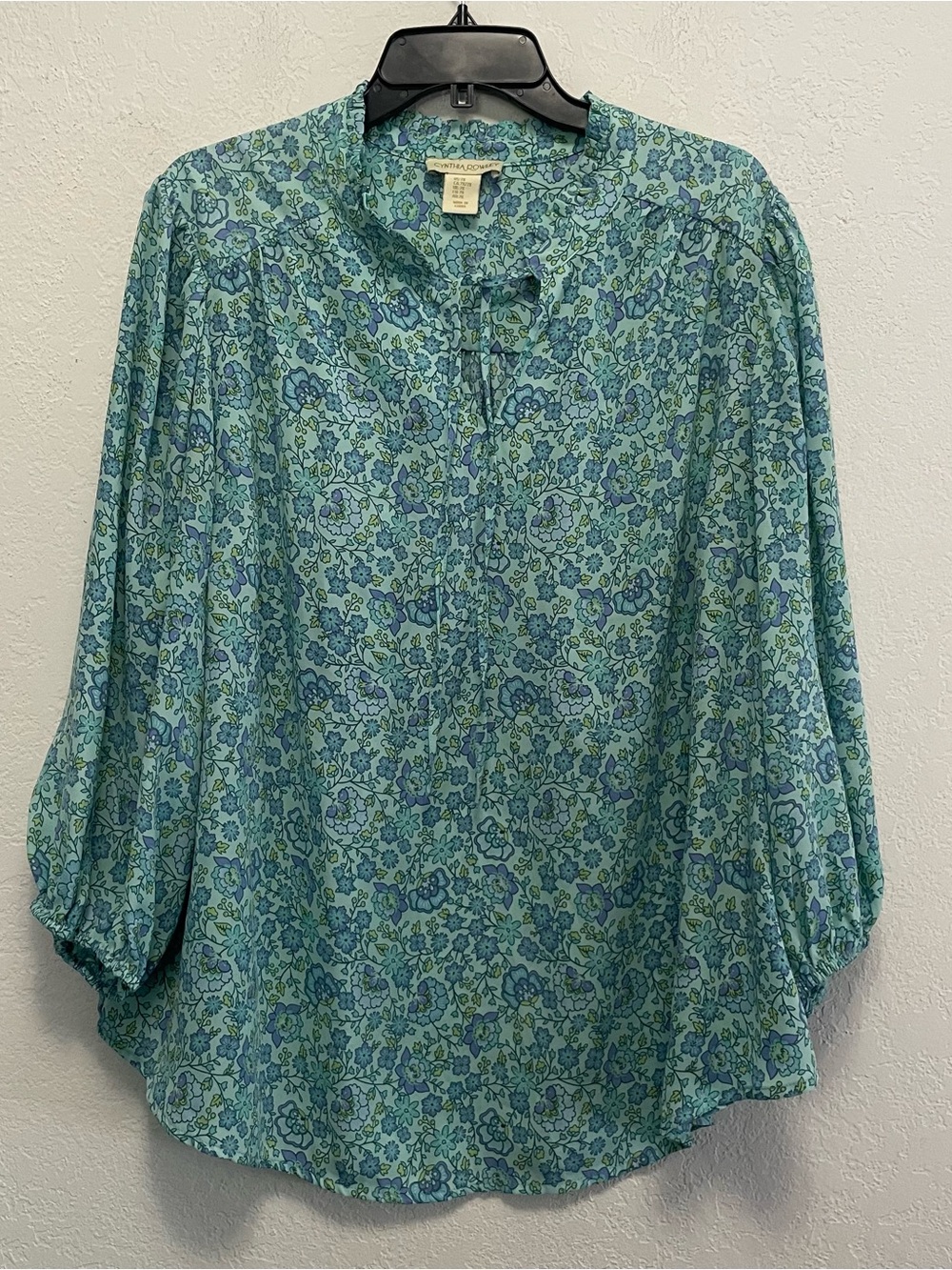 Cynthia Rowley Women Plus 2X Floral Blouse Aqua Blue Purple Balloon Sleeve Top